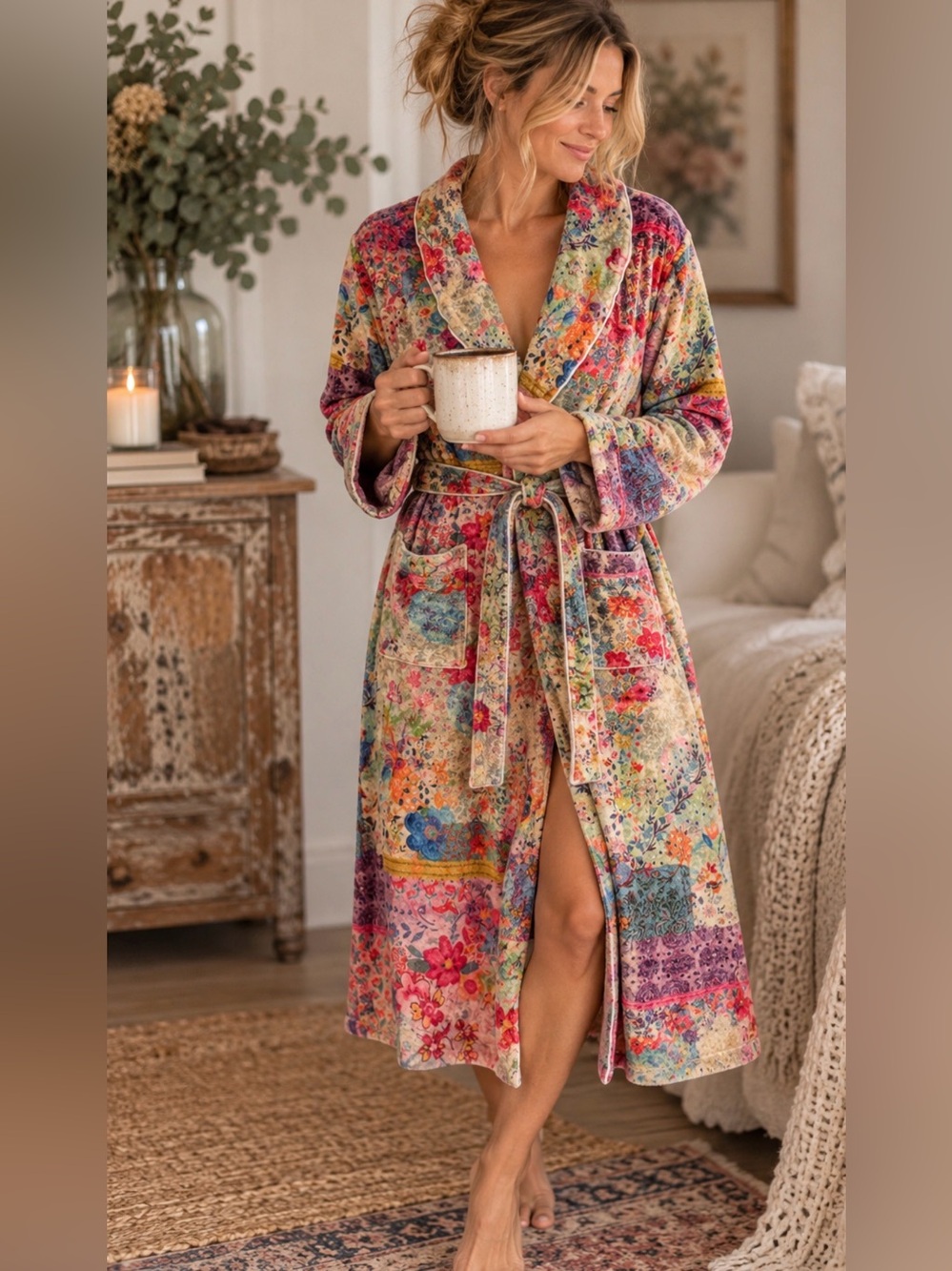 Natural Life Floral Patchwork Plush Sherpa Lined Robe Boho Cottagecore Belted